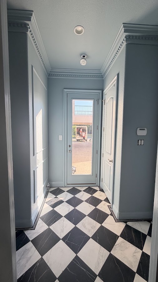 Checkered tile entryway flooring installation